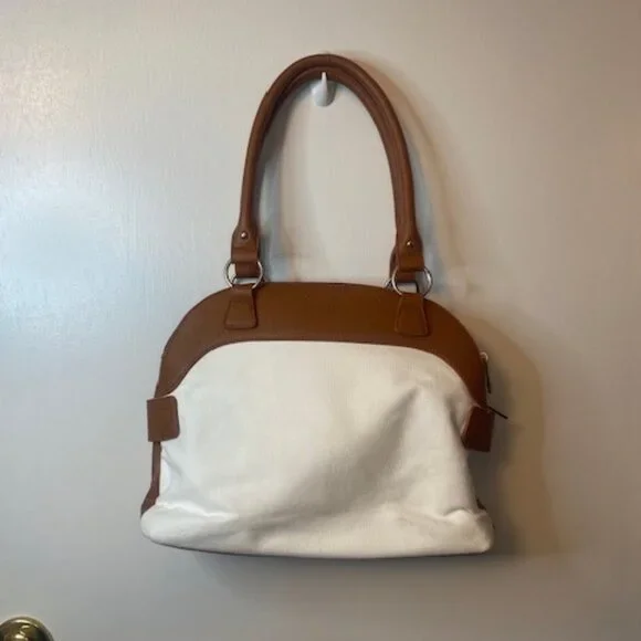 B Amici Amelia White Canvas & Tan Trimming Satchel Shoulder Bag - Picture 16 of 16